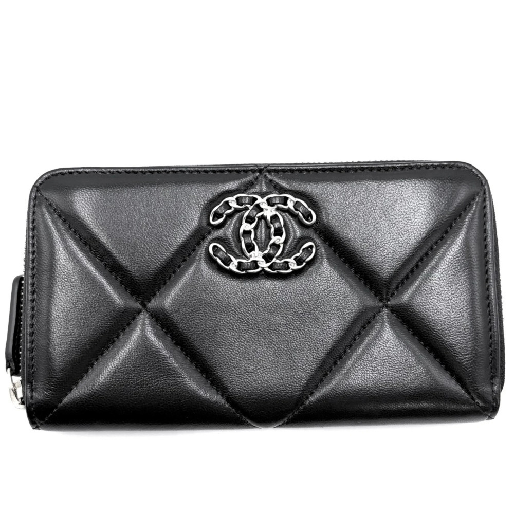 CHANEL Black Lambskin Leather Logo Wallet